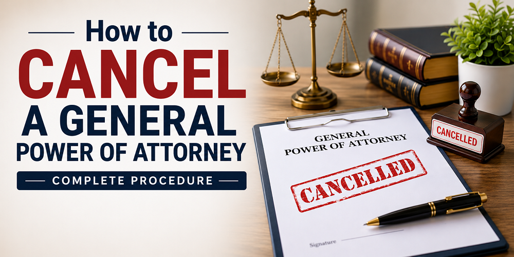 How to cancel a General Power of Attorney complete procedure concept showing a cancelled power of attorney document, legal stamp, law books, scales of justice, and professional legal office setup.